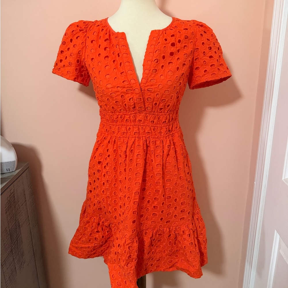 Cynthia Rowley Orange Large Eyelet Smocked Mini Dress w/ Pockets Sz XS - Picture 2 of 11